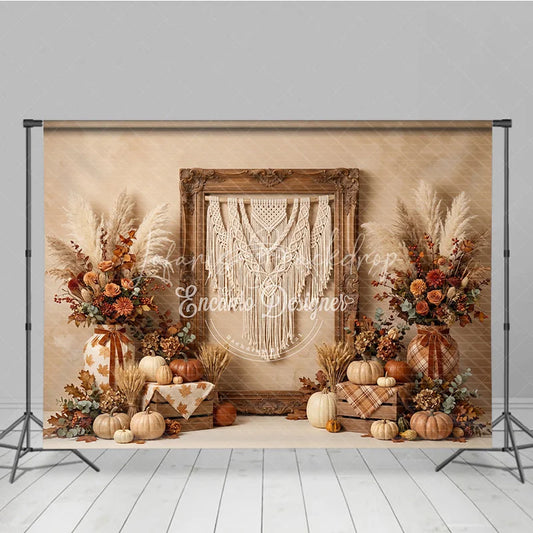 Lofaris Rustic Autumn Harvest Photography Backdrop with Macrame Wall Art Pumpkins and Pampas Grass Decor