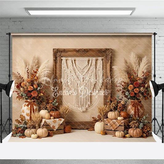 Lofaris Rustic Autumn Harvest Photography Backdrop with Macrame Wall Art Pumpkins and Pampas Grass Decor