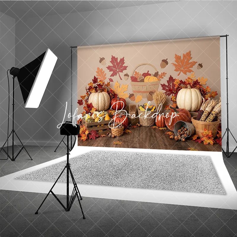 Lofaris Rustic Autumn Harvest Photography Backdrop with Pumpkins and Fall Leaves perfect for Thanksgiving Decor