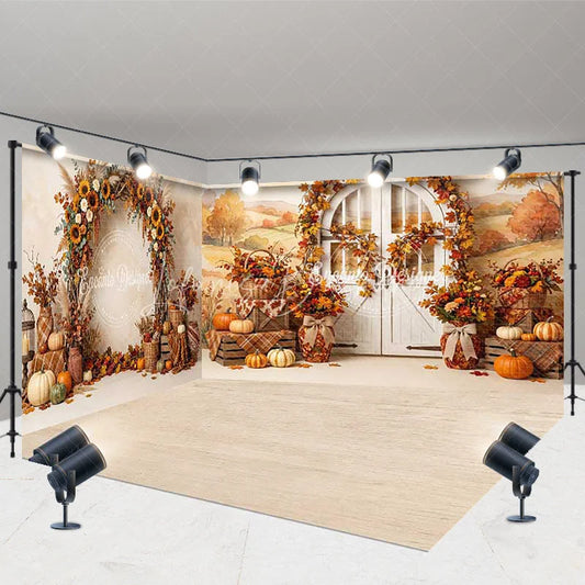 Lofaris Rustic Autumn Harvest Room Set Backdrop with Pumpkins Sunflowers and an Arched Door for Fall Photography