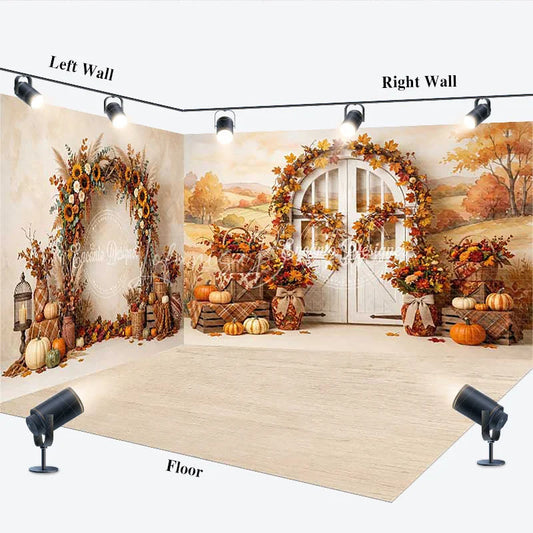 Lofaris Rustic Autumn Harvest Room Set Backdrop with Pumpkins Sunflowers and an Arched Door for Fall Photography