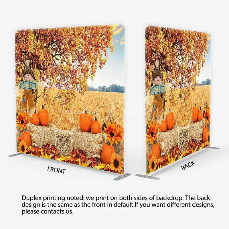Lofaris Rustic Autumn Harvest Square Double-Sided Backdrop with Scarecrow Pumpkins and Golden Wheat Field for Fall Decor