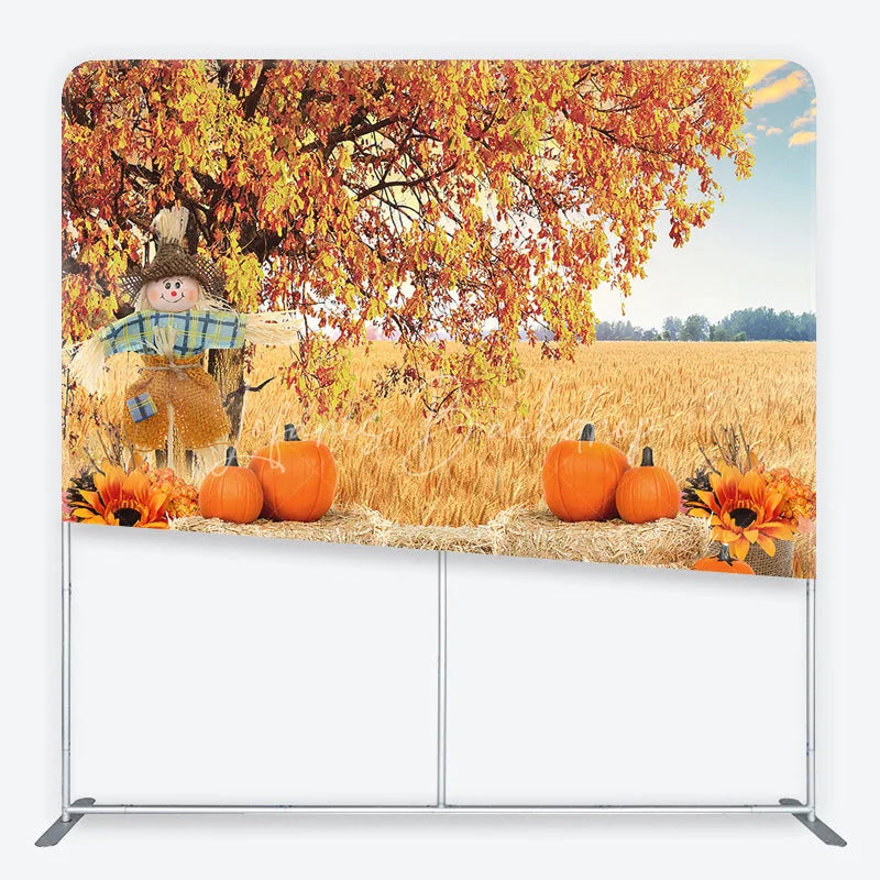 Lofaris Rustic Autumn Harvest Square Double-Sided Backdrop with Scarecrow Pumpkins and Golden Wheat Field for Fall Decor