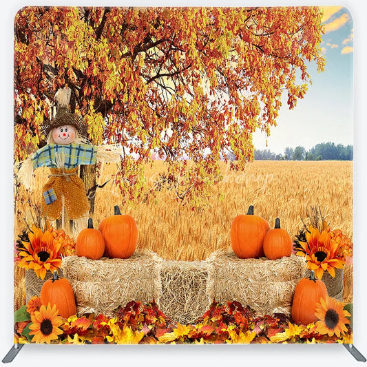 Lofaris Rustic Autumn Harvest Square Double-Sided Backdrop with Scarecrow Pumpkins and Golden Wheat Field for Fall Decor