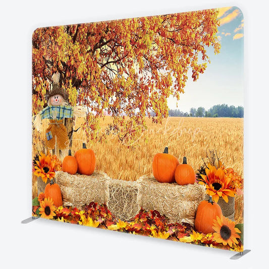 Lofaris Rustic Autumn Harvest Square Double-Sided Backdrop with Scarecrow Pumpkins and Golden Wheat Field for Fall Decor