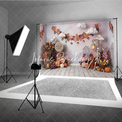 Lofaris Rustic Autumn Lane Photography Backdrop with Pumpkins Skeleton and Fall Leaves Ideal for Halloween Party Decor