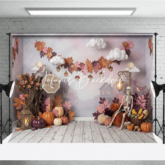 Lofaris Rustic Autumn Lane Photography Backdrop with Pumpkins Skeleton and Fall Leaves Ideal for Halloween Party Decor