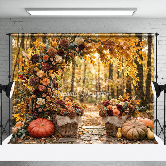 Lofaris Rustic Autumn Leaves and Floral Arch Photography Backdrop with Pumpkins Baskets Fall Harvest Decor