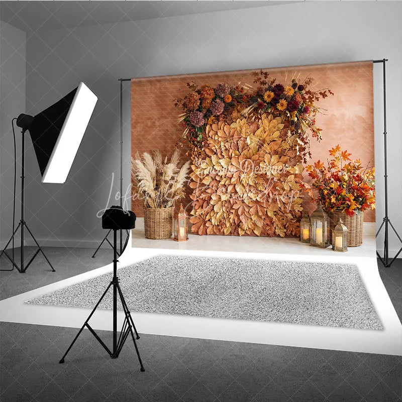 Lofaris Rustic Autumn Leaves and Floral Arrangement Photography Backdrop Warm Fall Harvest Party Decor with Pampas Grass