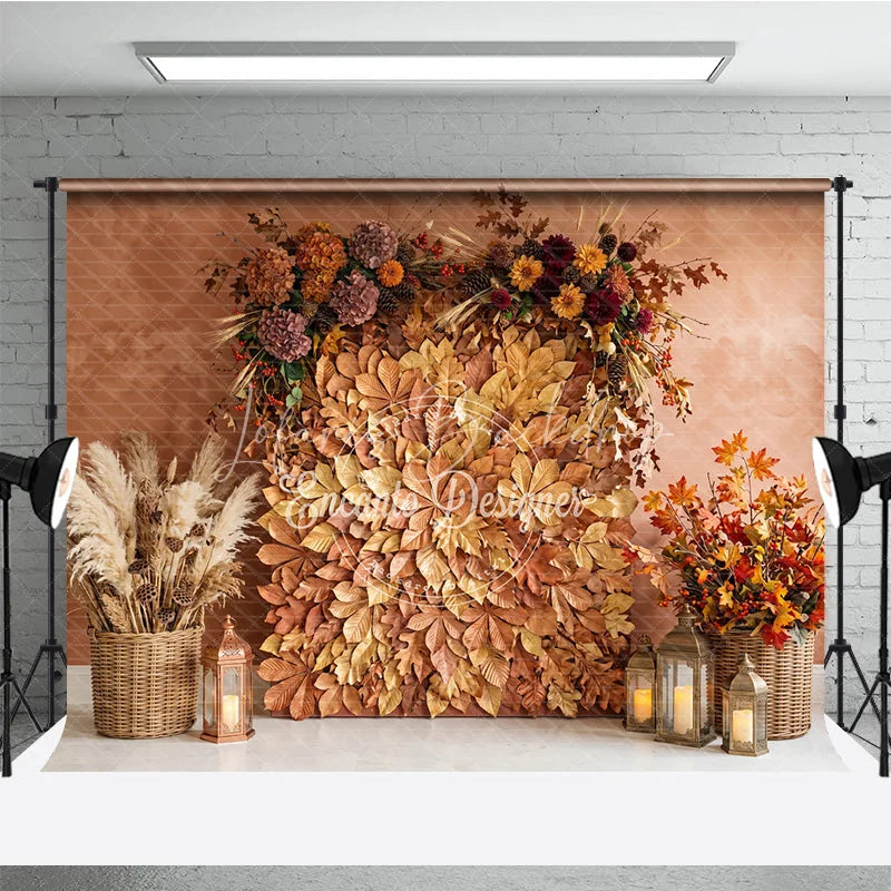 Lofaris Rustic Autumn Leaves and Floral Arrangement Photography Backdrop Warm Fall Harvest Party Decor with Pampas Grass