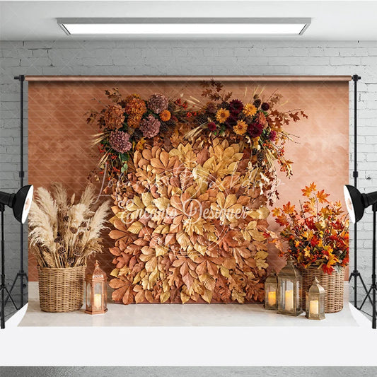 Lofaris Rustic Autumn Leaves and Floral Arrangement Photography Backdrop Warm Fall Harvest Party Decor with Pampas Grass