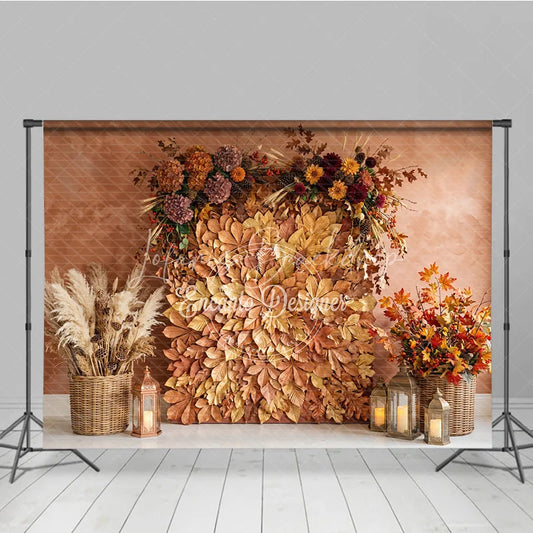 Lofaris Rustic Autumn Leaves and Floral Arrangement Photography Backdrop Warm Fall Harvest Party Decor with Pampas Grass