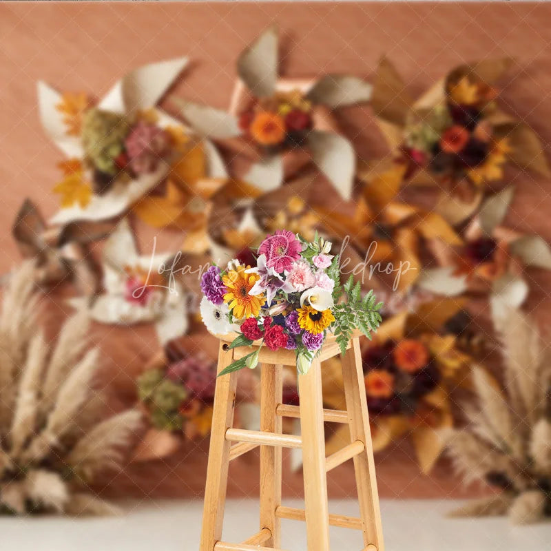 Lofaris Rustic Autumn Leaves and Pampas Grass Photography Backdrop Fall Pinwheel Harvest Celebration Decor