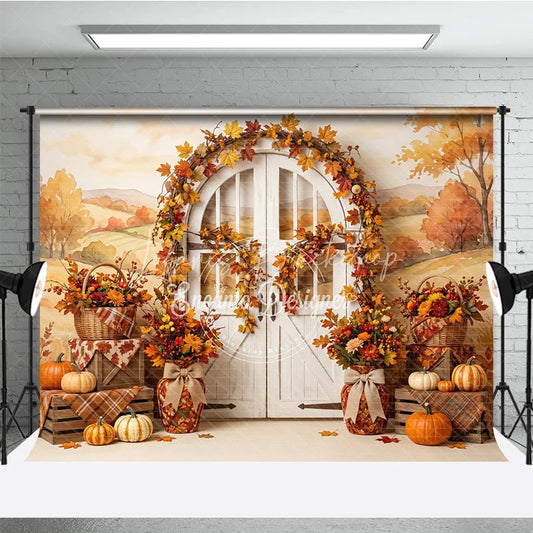 Lofaris Rustic Autumn Photography Backdrop with Fall Leaves Pumpkins and a White Arched Door for Seasonal Decor