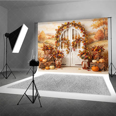 Lofaris Rustic Autumn Photography Backdrop with Fall Leaves Pumpkins and a White Arched Door for Seasonal Decor