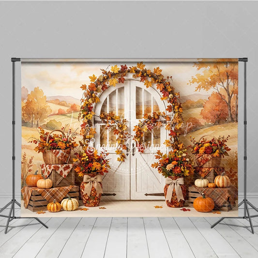 Lofaris Rustic Autumn Photography Backdrop with Fall Leaves Pumpkins and a White Arched Door for Seasonal Decor