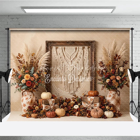 Lofaris Rustic Autumn Photography Backdrop with Macrame Wall Hanging Fall Floral Arrangements and Pumpkins