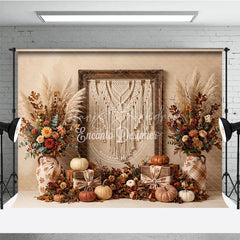 Lofaris Rustic Autumn Photography Backdrop with Macrame Wall Hanging Fall Floral Arrangements and Pumpkins