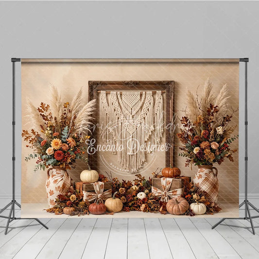 Lofaris Rustic Autumn Photography Backdrop with Macrame Wall Hanging Fall Floral Arrangements and Pumpkins