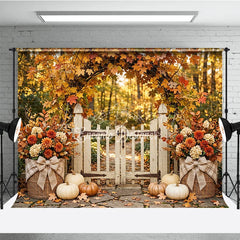 Lofaris Rustic Autumn Photography Backdrop with Maple Leaf Arch White Gate Pumpkins and Fall Floral Decor