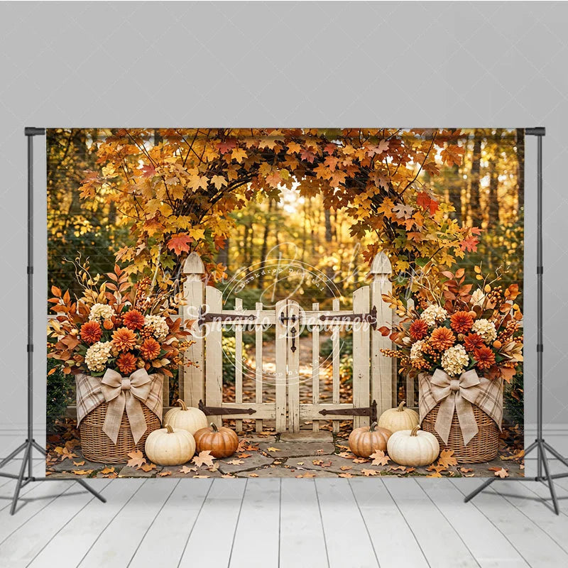 Lofaris Rustic Autumn Photography Backdrop with Maple Leaf Arch White Gate Pumpkins and Fall Floral Decor