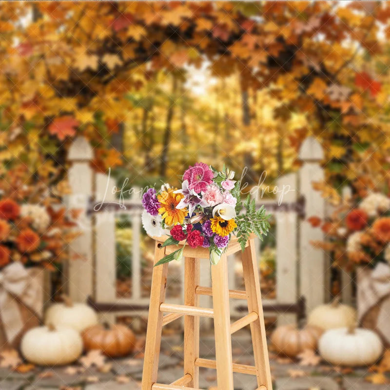 Lofaris Rustic Autumn Photography Backdrop with Maple Leaf Arch White Gate Pumpkins and Fall Floral Decor