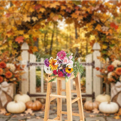 Lofaris Rustic Autumn Photography Backdrop with Maple Leaf Arch White Gate Pumpkins and Fall Floral Decor