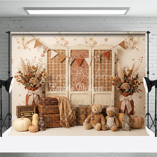 Lofaris Rustic Autumn Photography Backdrop with Plaid Screen Vintage Suitcases Pumpkins and Teddy Bears for Fall Portraits