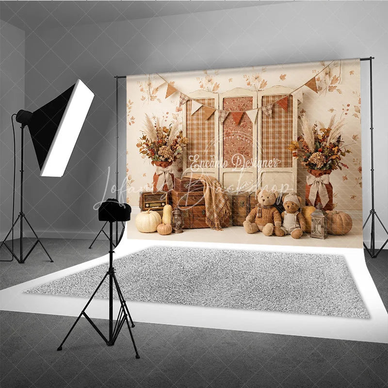 Lofaris Rustic Autumn Photography Backdrop with Plaid Screen Vintage Suitcases Pumpkins and Teddy Bears for Fall Portraits