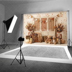 Lofaris Rustic Autumn Photography Backdrop with Plaid Screen Vintage Suitcases Pumpkins and Teddy Bears for Fall Portraits