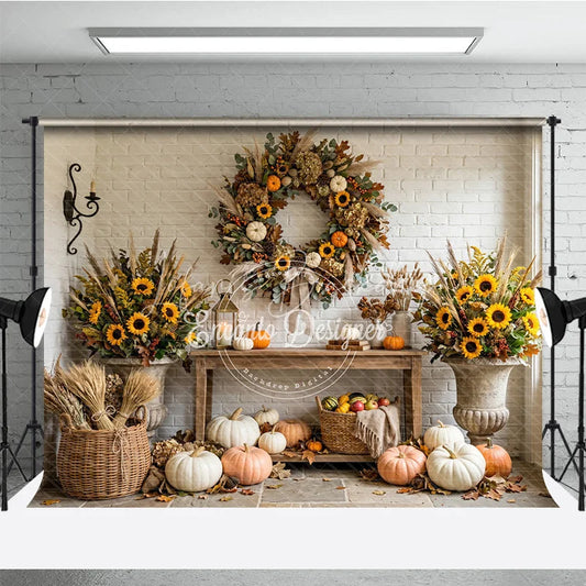 Lofaris Rustic Autumn Photography Backdrop with Sunflowers Pumpkins and a Festive Fall Wreath White Brick Wall Decor