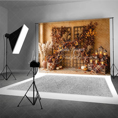 Lofaris Rustic Autumn Photography Backdrop with Vibrant Fall Foliage Pampas Grass and Cozy Lanterns Harvest Decor