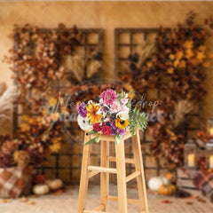 Lofaris Rustic Autumn Photography Backdrop with Vibrant Fall Foliage Pampas Grass and Cozy Lanterns Harvest Decor