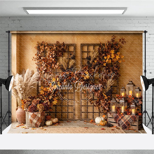 Lofaris Rustic Autumn Photography Backdrop with Vibrant Fall Foliage Pampas Grass and Cozy Lanterns Harvest Decor