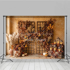 Lofaris Rustic Autumn Photography Backdrop with Vibrant Fall Foliage Pampas Grass and Cozy Lanterns Harvest Decor