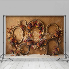 Lofaris Rustic Autumn Photography Backdrop with Vintage Golden Frames Fall Leaves Pinecones and Wheat for Seasonal Portraits