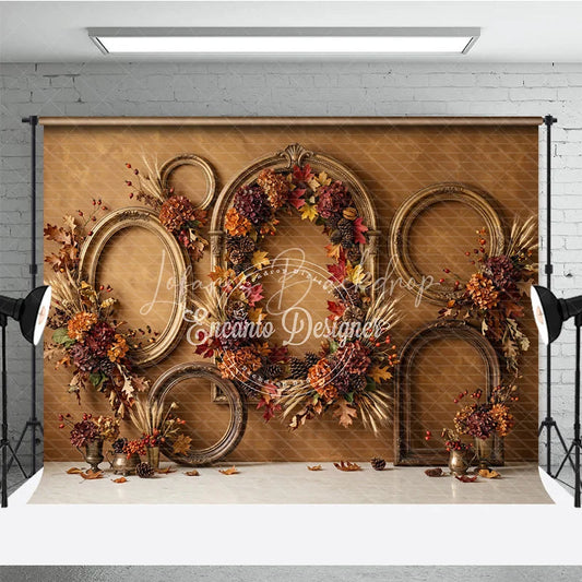 Lofaris Rustic Autumn Photography Backdrop with Vintage Golden Frames Fall Leaves Pinecones and Wheat for Seasonal Portraits