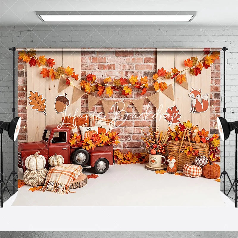Lofaris Rustic Autumn Red Truck and Pumpkins Photography Backdrop with Brick Wall Maple Leaves Fall Harvest Seasonal Decor