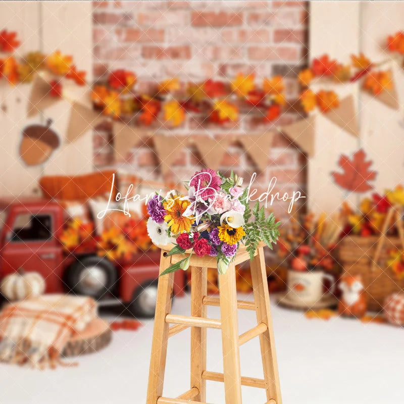 Lofaris Rustic Autumn Red Truck and Pumpkins Photography Backdrop with Brick Wall Maple Leaves Fall Harvest Seasonal Decor