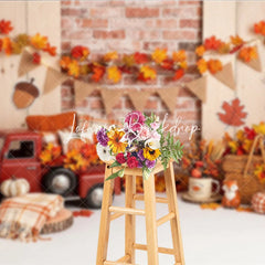 Lofaris Rustic Autumn Red Truck and Pumpkins Photography Backdrop with Brick Wall Maple Leaves Fall Harvest Seasonal Decor