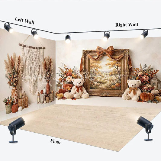 Lofaris Rustic Autumn Room Set Backdrop with Fall Landscape Painting Teddy Bears and Pumpkins for Thanksgiving Photoshoot