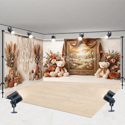 Lofaris Rustic Autumn Room Set Backdrop with Fall Landscape Painting Teddy Bears and Pumpkins for Thanksgiving Photoshoot