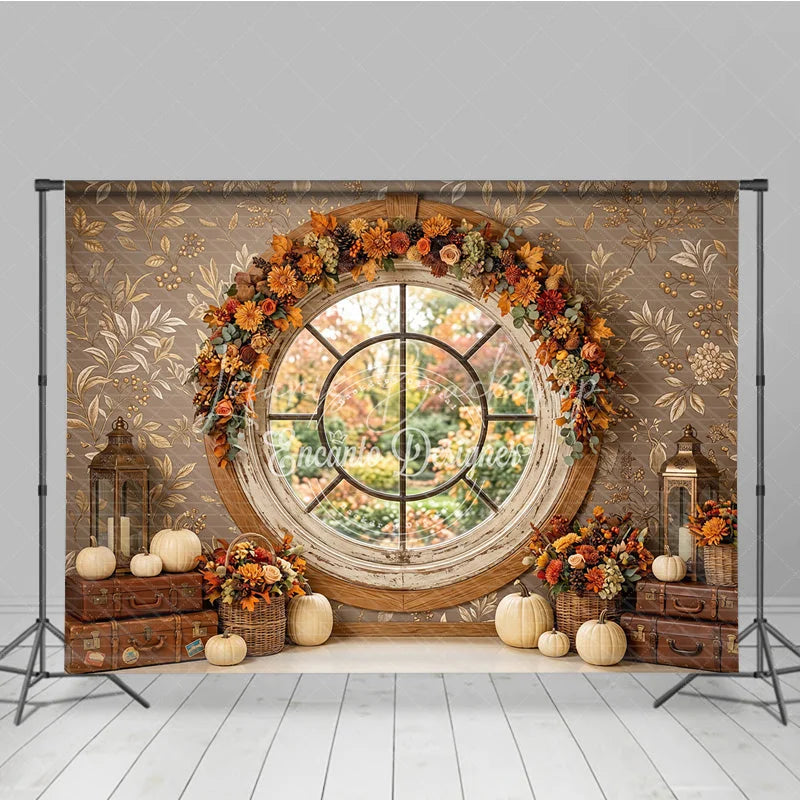 Lofaris Rustic Autumn Round Window Photography Backdrop with Fall Garland Pumpkins and Vintage Suitcases for Photoshoots