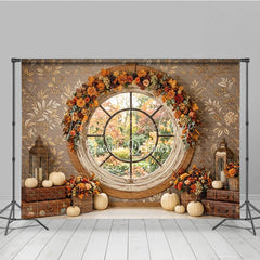 Lofaris Rustic Autumn Round Window Photography Backdrop with Fall Garland Pumpkins and Vintage Suitcases for Photoshoots