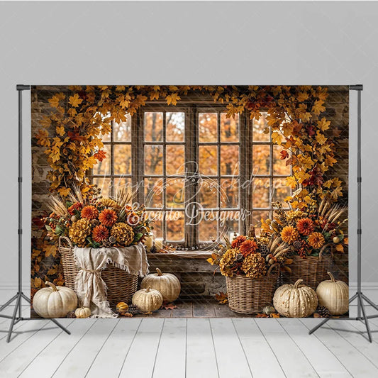 Lofaris Rustic Autumn Window Photography Backdrop with Golden Leaves and Pumpkins Fall Harvest Decor