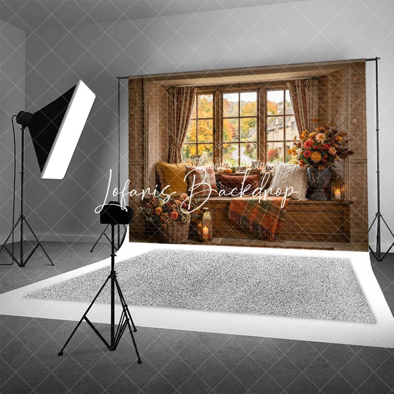 Lofaris Rustic Autumn Window Seat Photography Backdrop Fall Foliage and Pumpkins with Cozy Plaid Decor for Seasonal Portraits