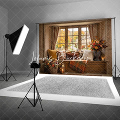 Lofaris Rustic Autumn Window Seat Photography Backdrop Fall Foliage and Pumpkins with Cozy Plaid Decor for Seasonal Portraits