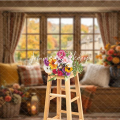 Lofaris Rustic Autumn Window Seat Photography Backdrop Fall Foliage and Pumpkins with Cozy Plaid Decor for Seasonal Portraits