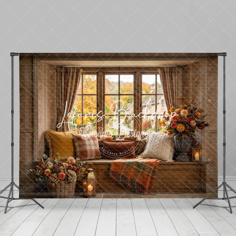 Lofaris Rustic Autumn Window Seat Photography Backdrop Fall Foliage and Pumpkins with Cozy Plaid Decor for Seasonal Portraits