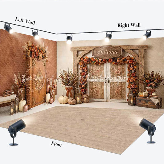 Lofaris Rustic Autumn Wooden Door and Fall Foliage Room Set Backdrop Cozy Harvest Festival Photography Decor